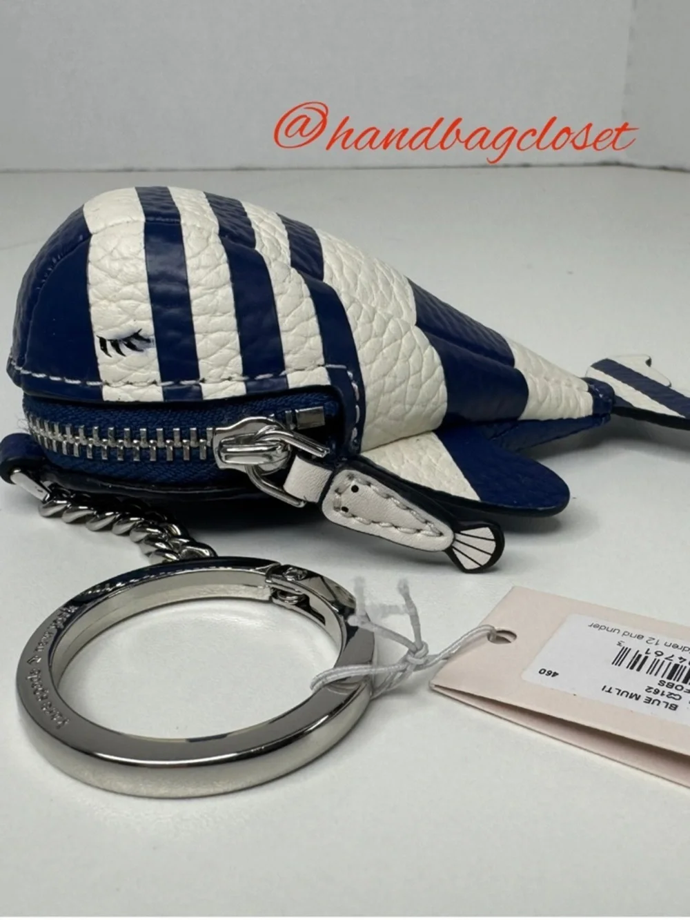 Kate Spade Navy & White Striped Whale Shore Leather Coin Purse Keychain Fob